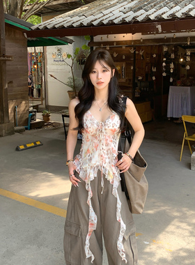 Adan 豹纹碎花荷叶边吊带夏季韩系辣妹修身显瘦设计感飘带上衣女