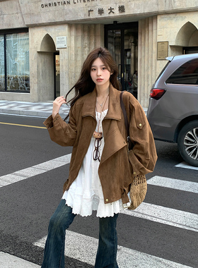 Adan麂皮绒机车外套秋冬复古美拉德休闲宽松慵懒翻领廓形感夹克女