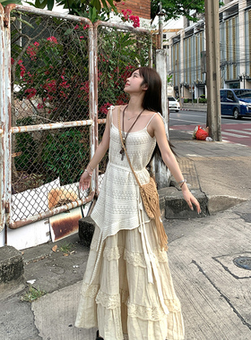 Adan 杏色蕾丝拼接半身裙夏季韩系甜美高腰显瘦百搭慵懒A字裙女