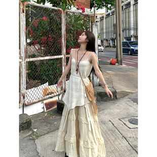 Adan 韩系甜美高腰显瘦百搭慵懒A字裙女 杏色蕾丝拼接半身裙夏季