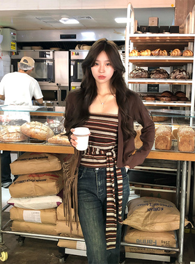 Adan条纹绑带抹胸开衫两件套20205秋韩系温柔气质修身显瘦上衣女