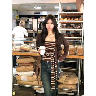 Adan条纹绑带抹胸开衫两件套20205秋韩系温柔气质修身显瘦上衣女