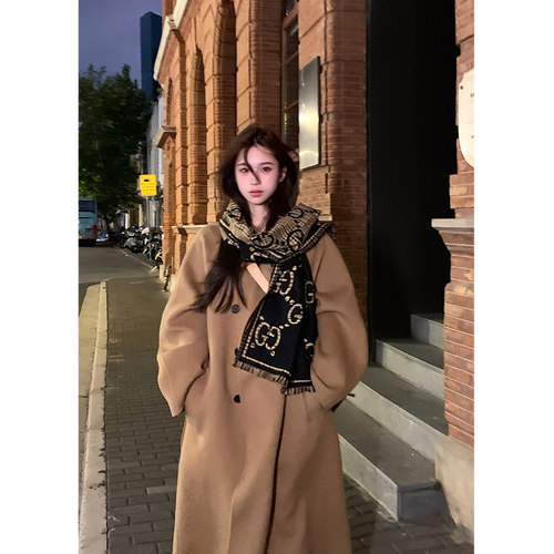 Adan卡其色双面呢全羊毛大衣女2025冬慵懒气质廓形感翻领毛呢外套
