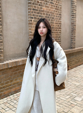 Adan一粒扣双面呢大衣冬季韩系宽松气质西装领羊毛廓形长款外套女