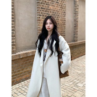 外套女 领羊毛廓形长款 Adan一粒扣双面呢大衣冬季 韩系宽松气质西装