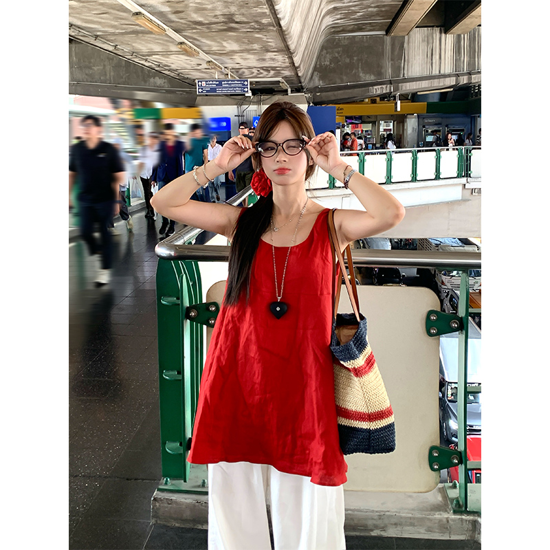 Adan红色亚麻上衣2025夏季韩系宽松显瘦显白气质慵懒无袖衬衫女
