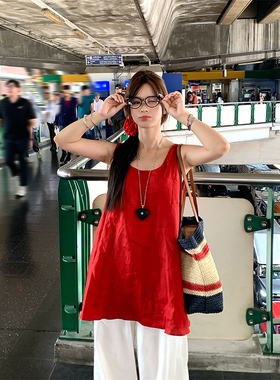 Adan红色亚麻上衣2025夏季韩系宽松显瘦显白气质慵懒无袖衬衫女