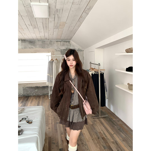 DDang咖色麂皮外套秋季复古美拉德氛围感宽松百搭慵懒机车夹克女