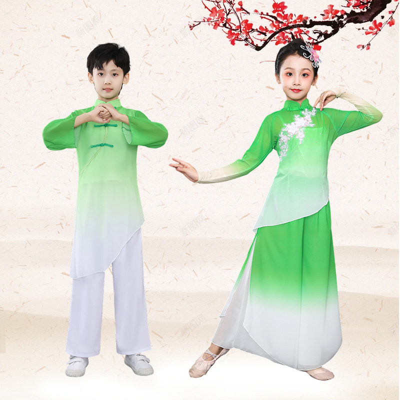 儿童演出服男女通用绿色古典舞胶州秧歌表演服装中国风书童运动会