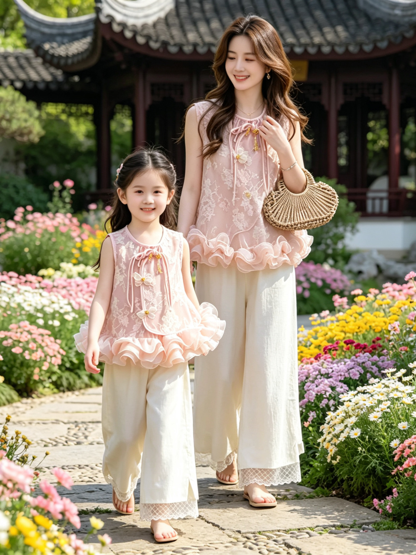 亲子装母女装2026新款夏装唐装中国风提花马甲背心阔腿裤两件套