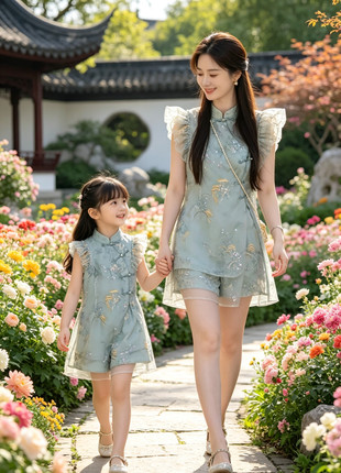亲子装母女装2026新款夏装唐装新中式改良式旗袍盘扣两件套套装