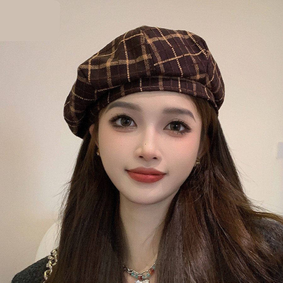 英伦复古格子贝雷帽子秋冬新款韩版休闲画家帽女简约毛呢蓓蕾帽潮