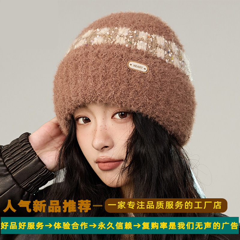 帽子女冬季新款拼色格子加厚针织帽韩版百搭加绒护耳显脸小保暖帽