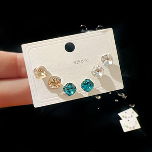 奥地利水晶亮方糖一卡三对耳钉925银针组合六件套耳饰女
