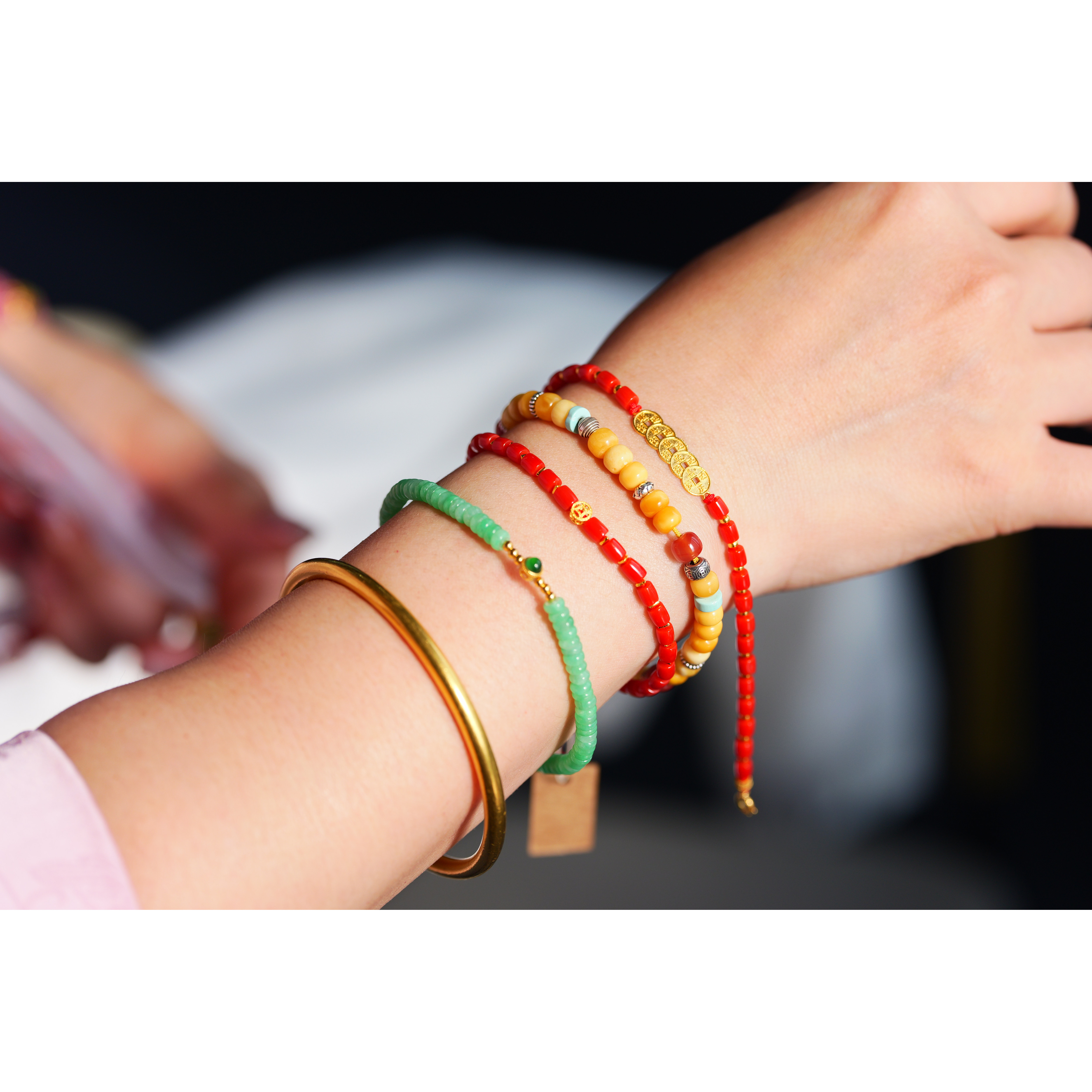 花桐里 18K金五帝币手链钱币红手绳红**手链