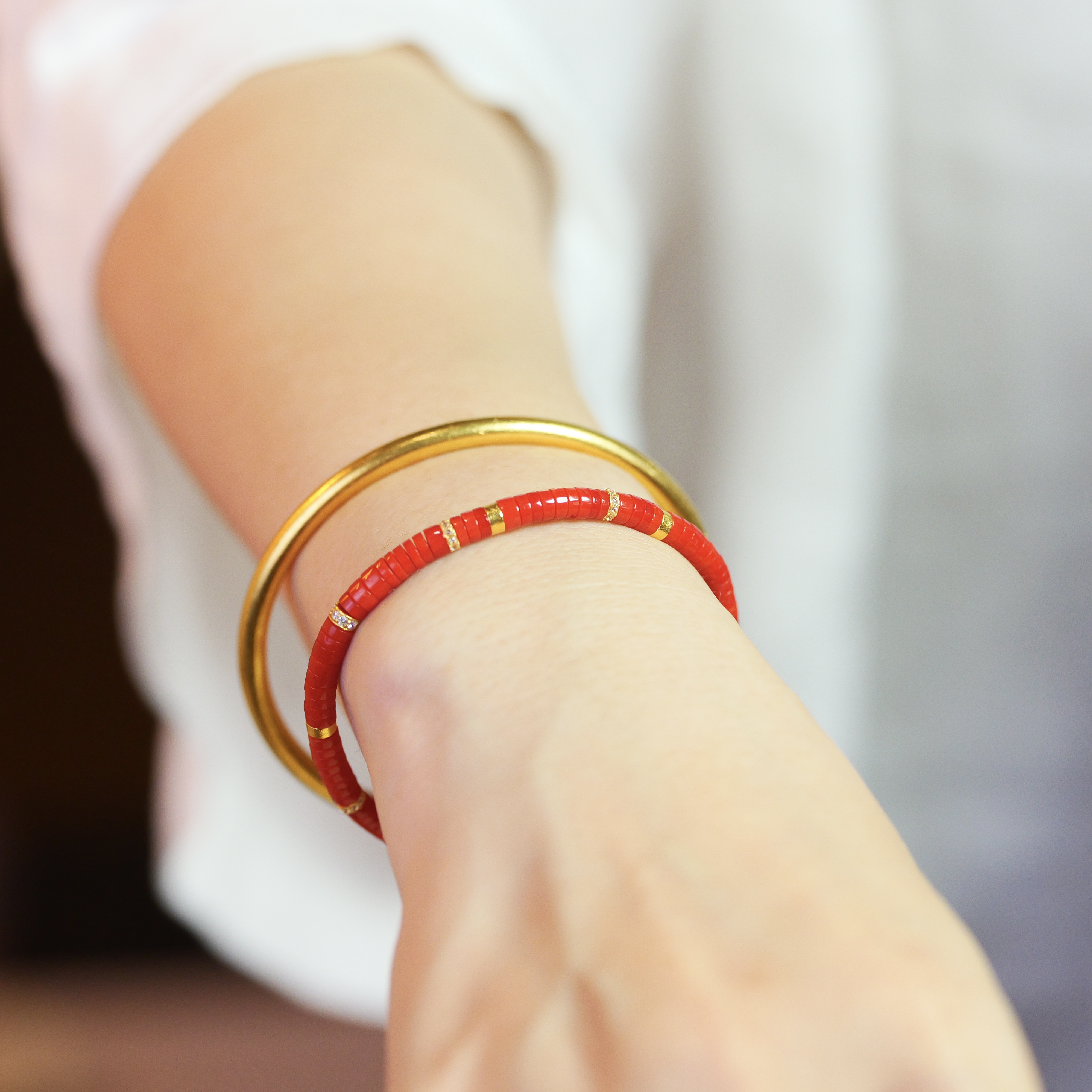 花桐里  天然红**手串直切药片18K金手串