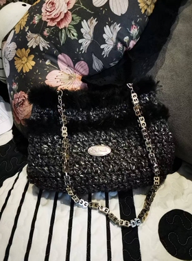 手工编织包黑色毛条女式单肩手提包