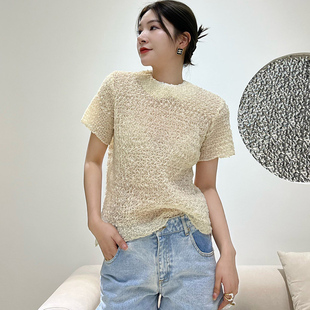 美炸了！穿上不想脱下来！个性面料褶皱T恤女2022年短袖弹力上衣