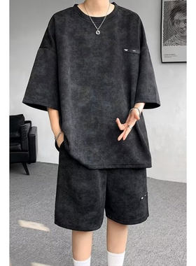 美式高街t恤短裤男士夏季运动休闲套装小众穿搭超大码300斤套装