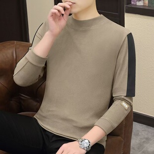 半高领德绒打底衫男款加绒加厚秋冬季拼接中领保暖内搭卫衣t恤潮