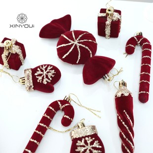 【心悠】圣诞节酒红植绒撒粉礼物大糖果手套冰凌圣诞树礼物挂件