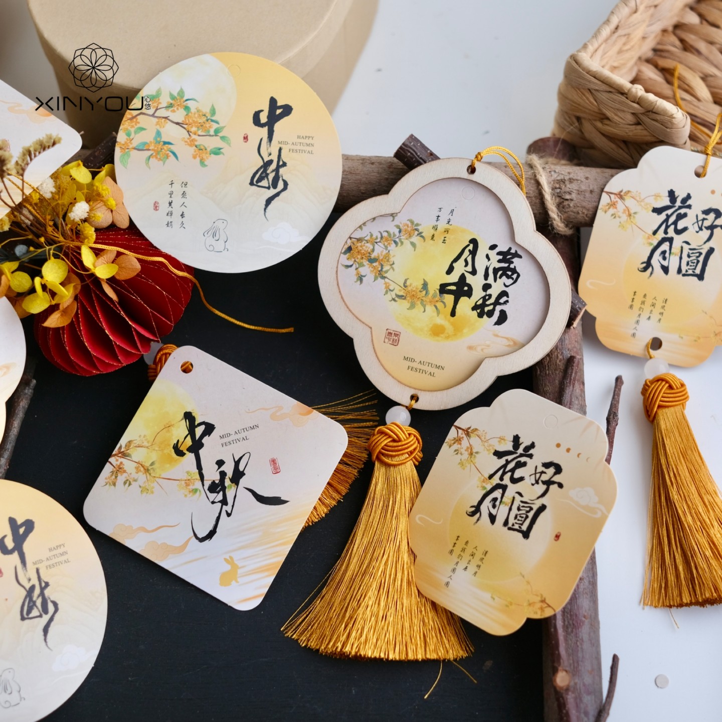 中秋节贺卡月满中秋中式月饼卡片