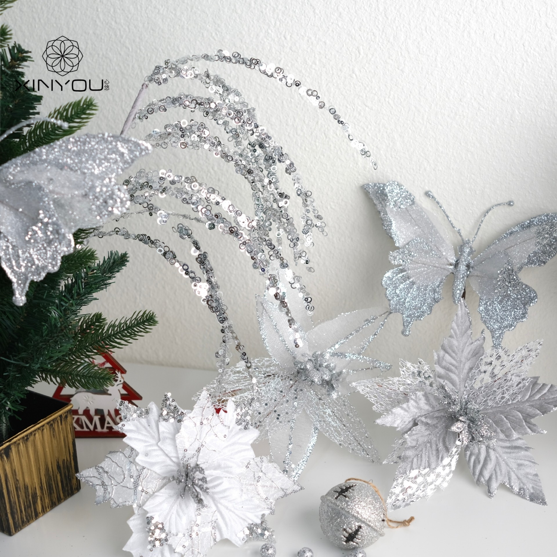 【心悠】圣诞节银色圣诞花亮片镂空蝴蝶圣诞树酒店布置氛围装饰花,节庆用品/礼品,圣诞装饰品,淘宝优惠券,粉丝福利购,淘宝优惠卷