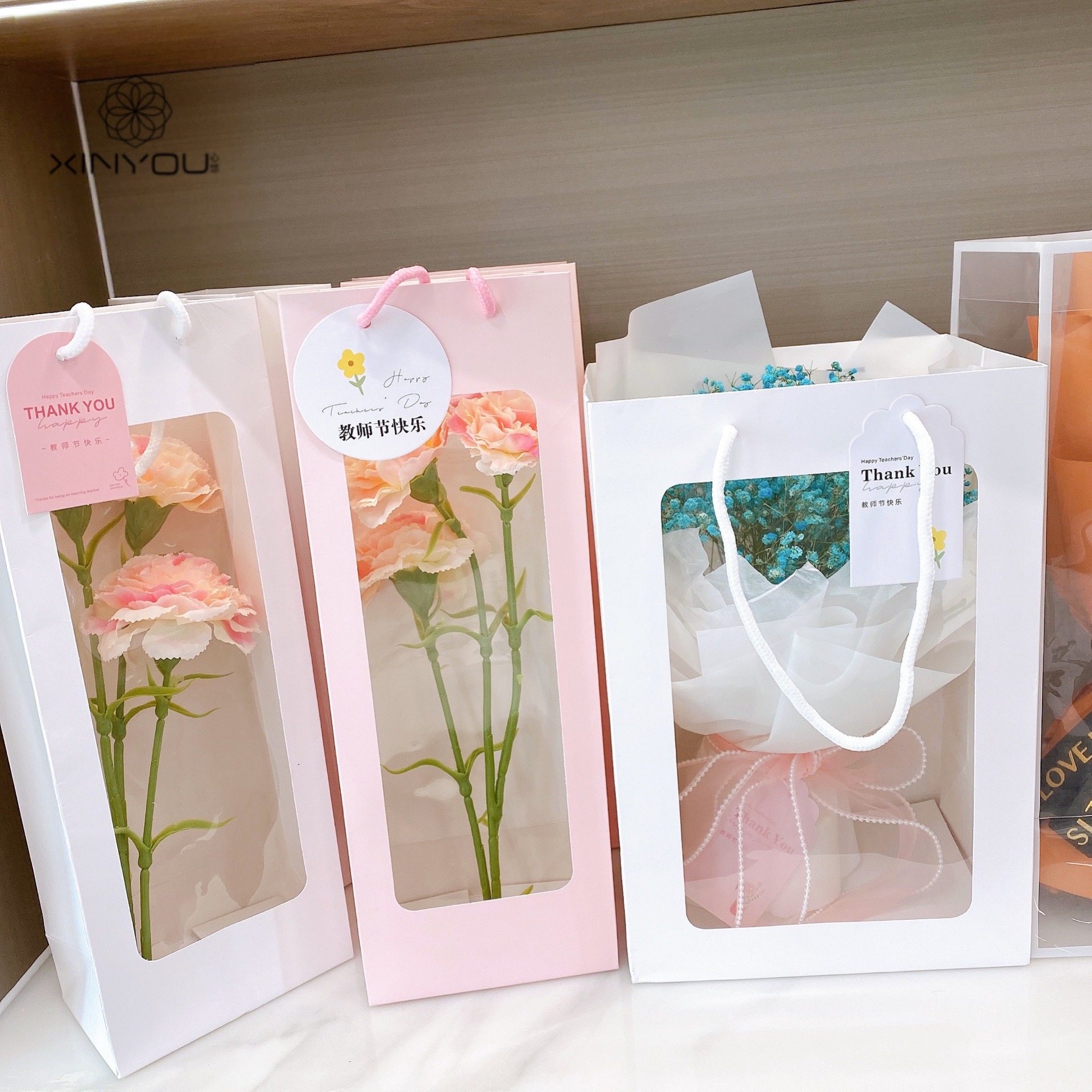 教师节透明橱窗手提袋网红花束包装袋礼品手拎袋礼物装饰开窗纸袋