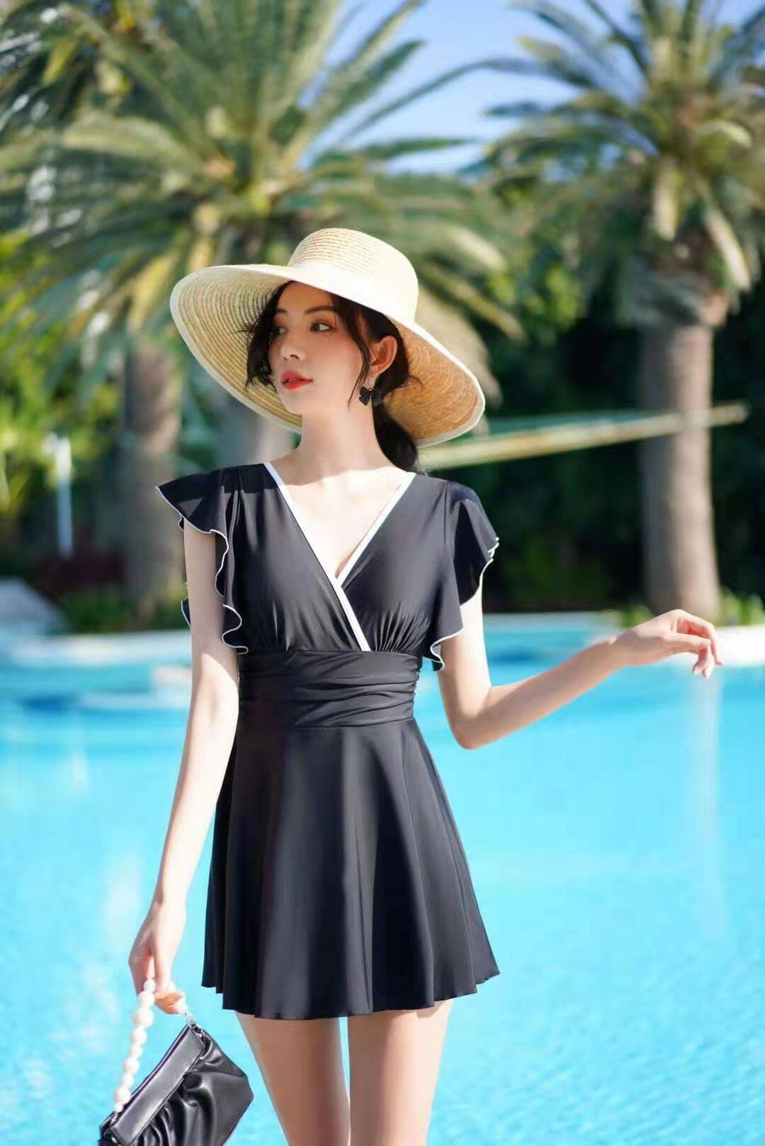 采菲2021新款保守无袖带钢托高腰遮肚显瘦女连体泳衣211063