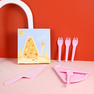 派对用品甜品餐具 网红卡通奶酪刀叉盘一次性刀叉勺5人份餐盘套装