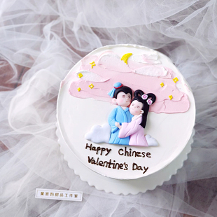 七夕情人节卡通软陶情侣牛郎织女摆件甜品派对装扮 生日蛋糕装饰