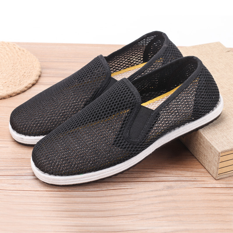 传统老北京布网鞋男夏季千层布底透气防滑工作鞋黑色全网眼面布鞋