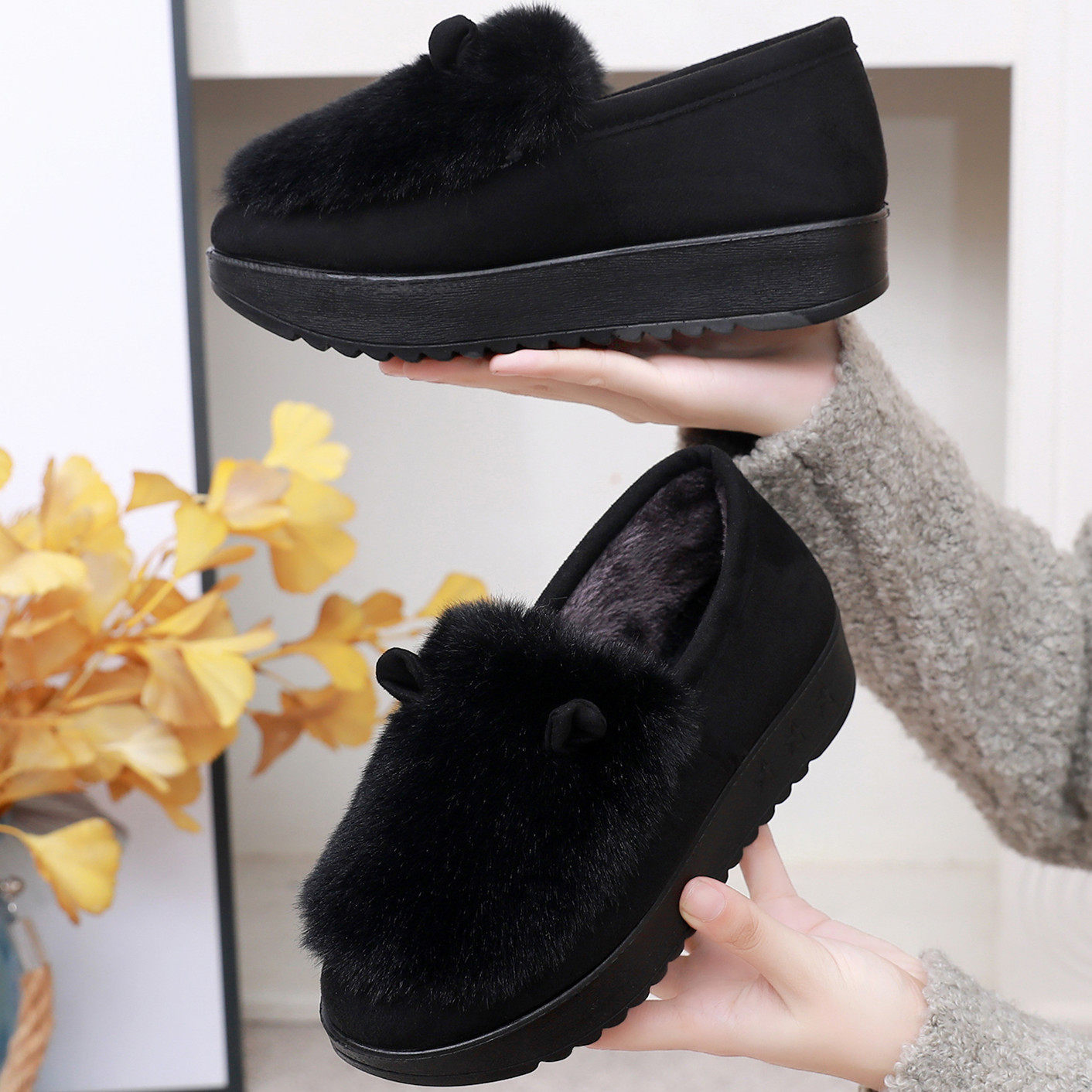 女外穿秋冬季新款百搭毛毛豆豆加绒棉鞋平软厚底毛绒拖保暖老北京,女鞋,传统布鞋,淘宝优惠券,粉丝福利购,淘宝优惠卷