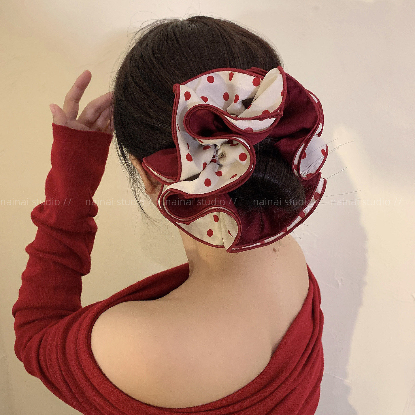 红色波点大肠发圈~圣诞节新年节日范围感四层大号丸子头发绳头绳