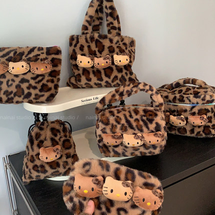 豹纹kitty包包~收纳化妆包手提包毛绒y2k千禧辣妹风出行收纳包潮