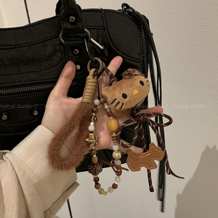 豹纹KT挂件~黑皮猫咪钥匙扣包包卡通毛绒绒miu系风挂绳挂饰配饰女