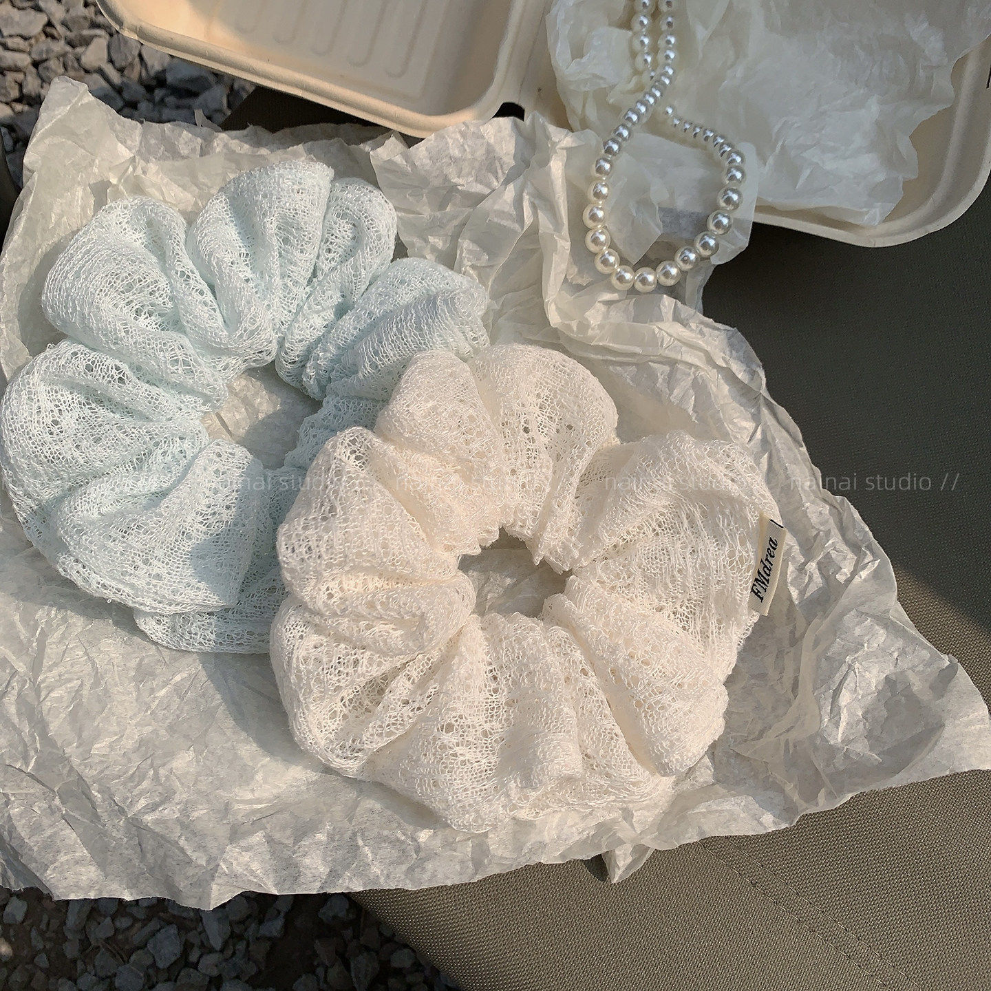 蓝色蕾丝针织大肠发圈~甜美温柔镂空扎头发低马尾丸子头发绳头绳