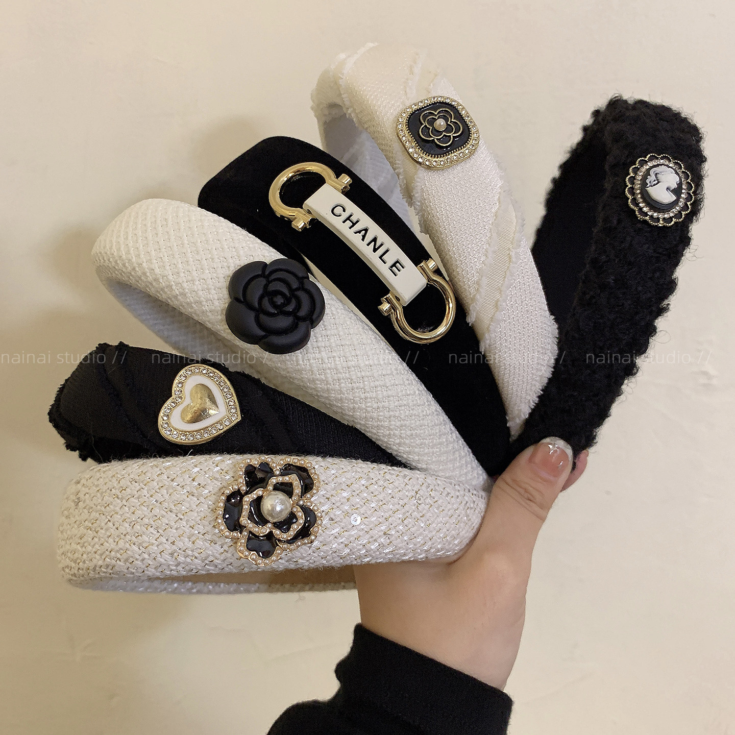 小香风发箍集合~黑白撞色复古法式山茶花珍珠高颅顶头箍发夹发卡A