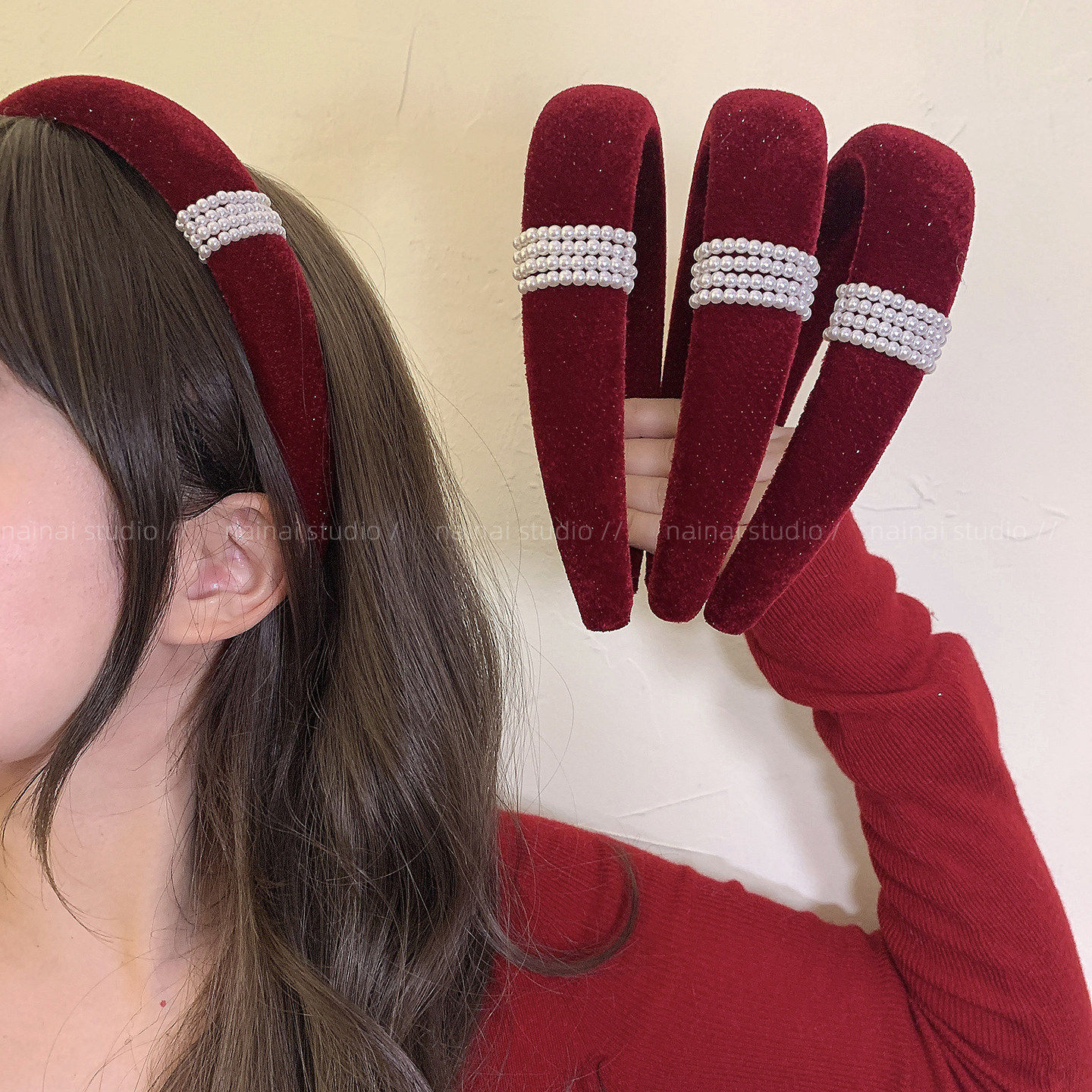 红色珍珠发箍~丝绒满天星高级感新年头箍高颅顶复古法式发夹发饰