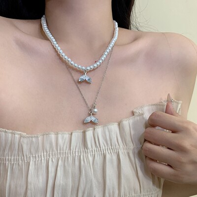 人鱼项链~渐变水晶鱼尾珍珠锁骨链2025新款爆款轻奢海边颈链配饰
