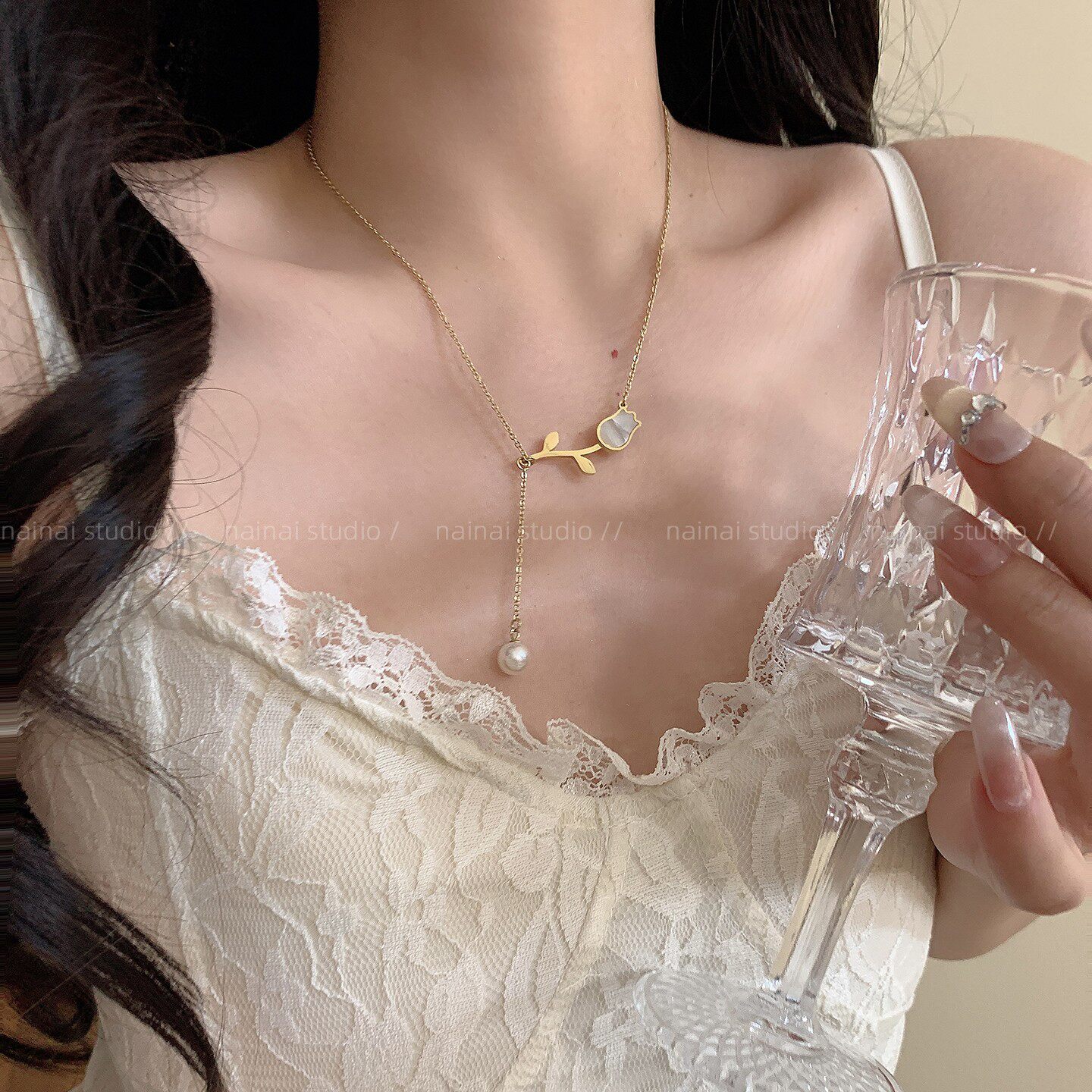 钛钢不掉色！超仙郁金香项链珍珠吊坠锁骨链轻奢小众高级感颈链A