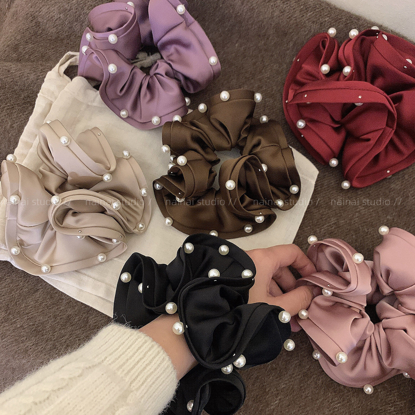 珍珠花苞大肠发圈~韩系ins风复古木耳边丸子头发绳马尾头绳发饰女