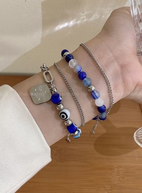 钛钢不掉色~蓝色串珠手链甜酷辣妹y2k小众设计高级感手饰配饰女A