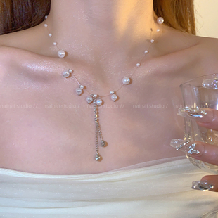 鱼线珍珠项链流苏水钻高级感2025新款爆款小众设计颈链choker配饰