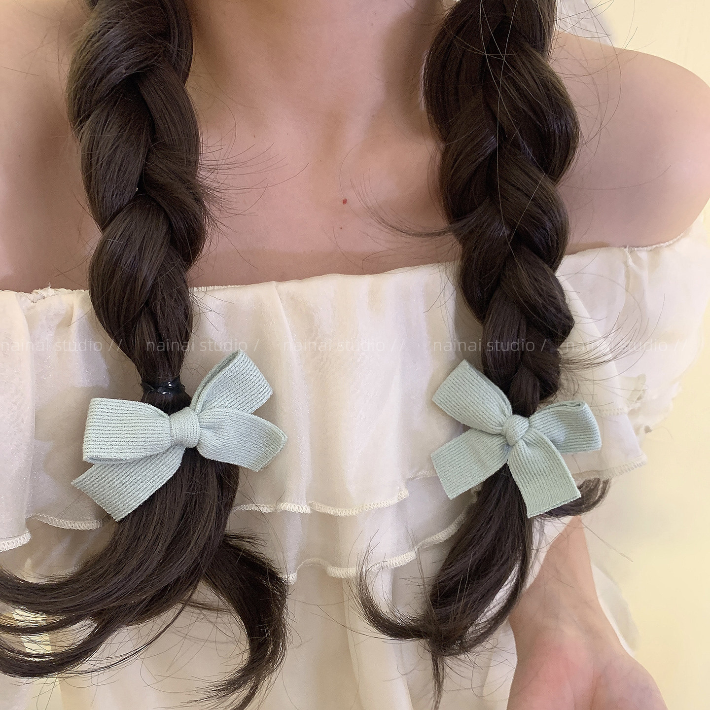薄荷奶绿~蝴蝶结发夹甜美少女心气质侧边夹刘海夹发饰春季头饰女A