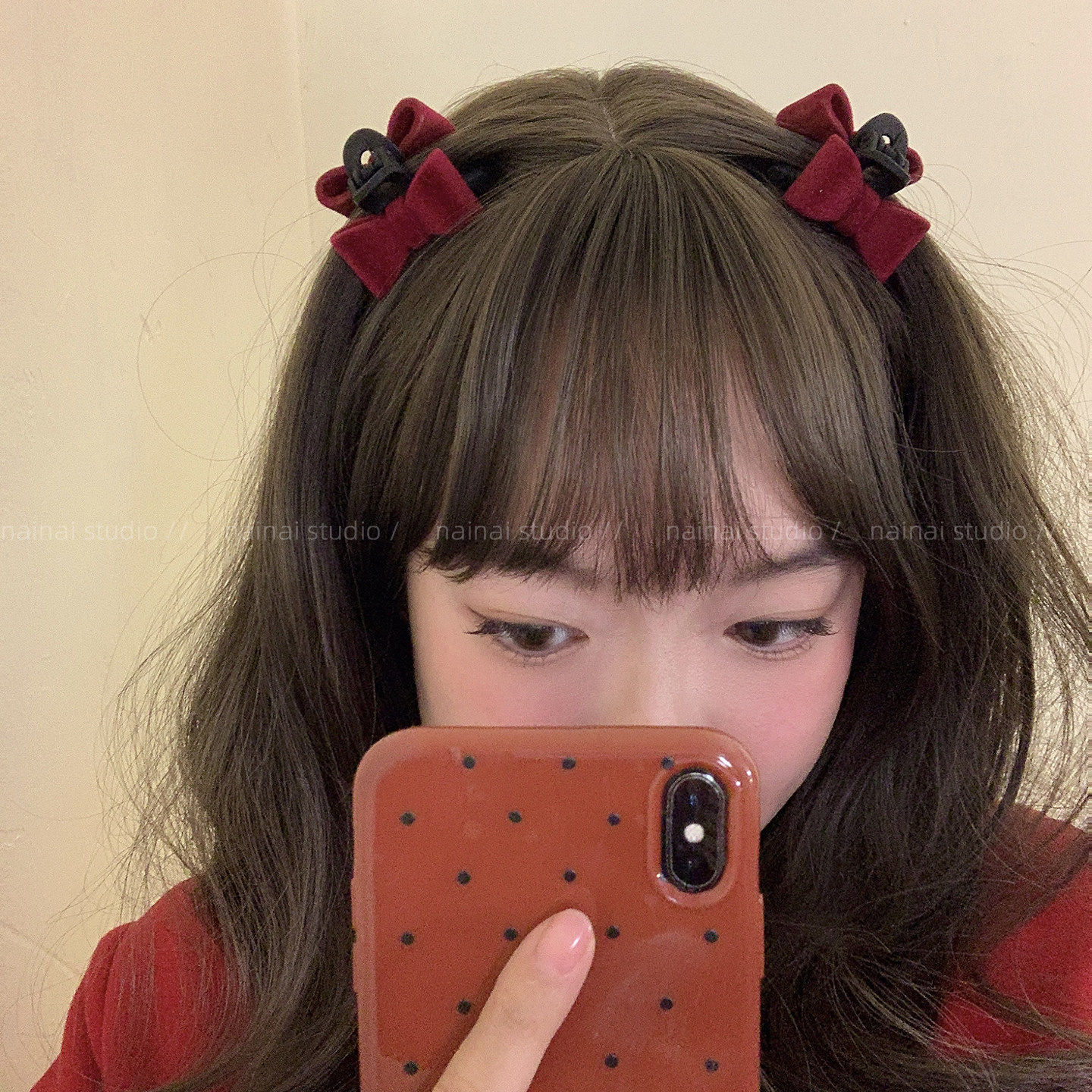 红色蝴蝶结公主头~新年植绒甜美小抓夹侧边夹刘海夹发饰前额头饰