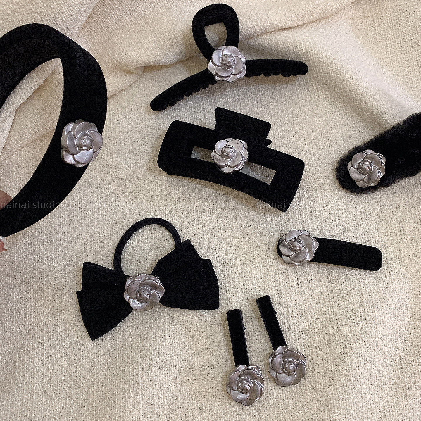 山茶花发饰集合~黑色丝绒高级感发箍抓夹鲨鱼夹头饰蝴蝶结发夹女