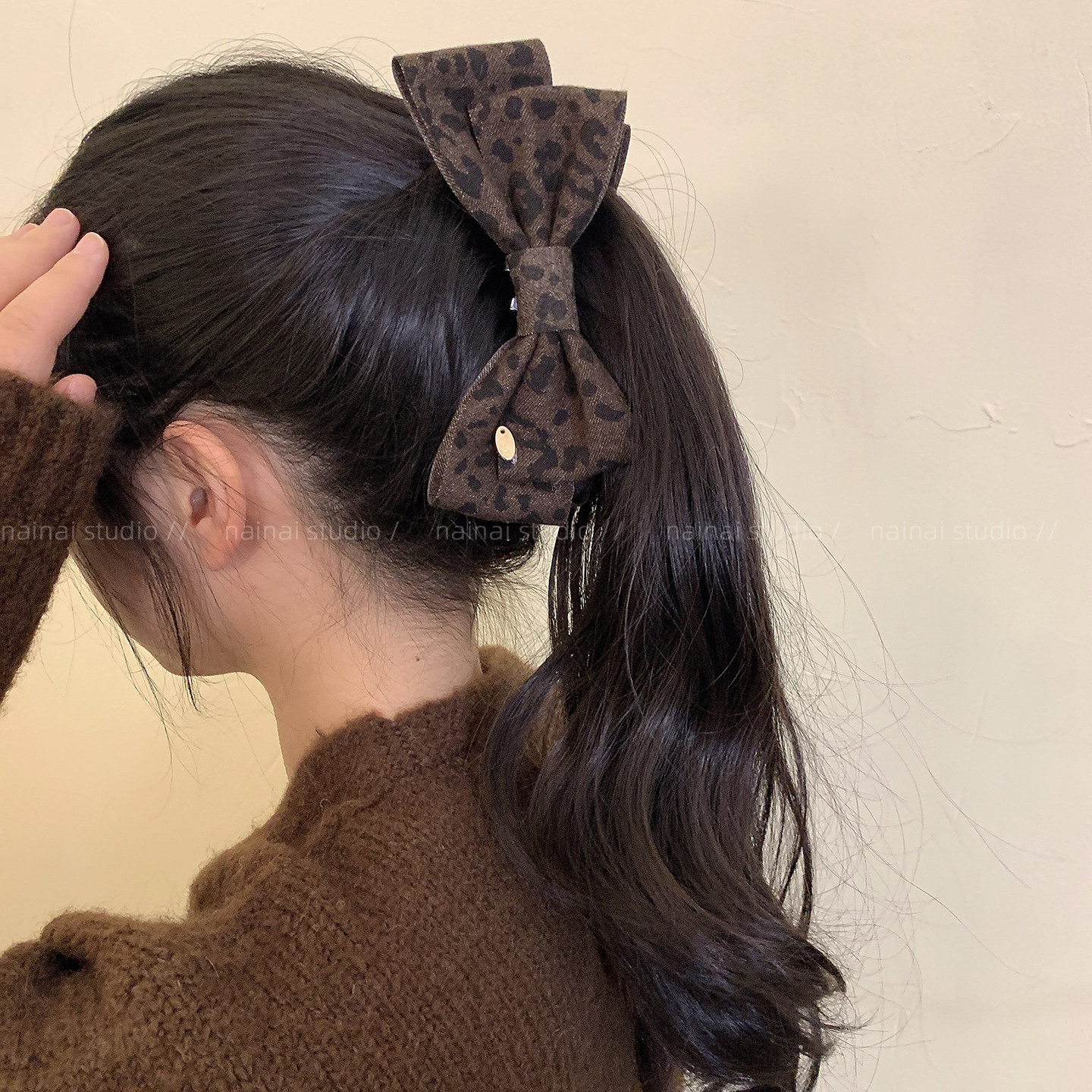 豹纹小金标竖夹~美拉德风后脑勺盘发香蕉夹半扎发夹蝴蝶结发饰女