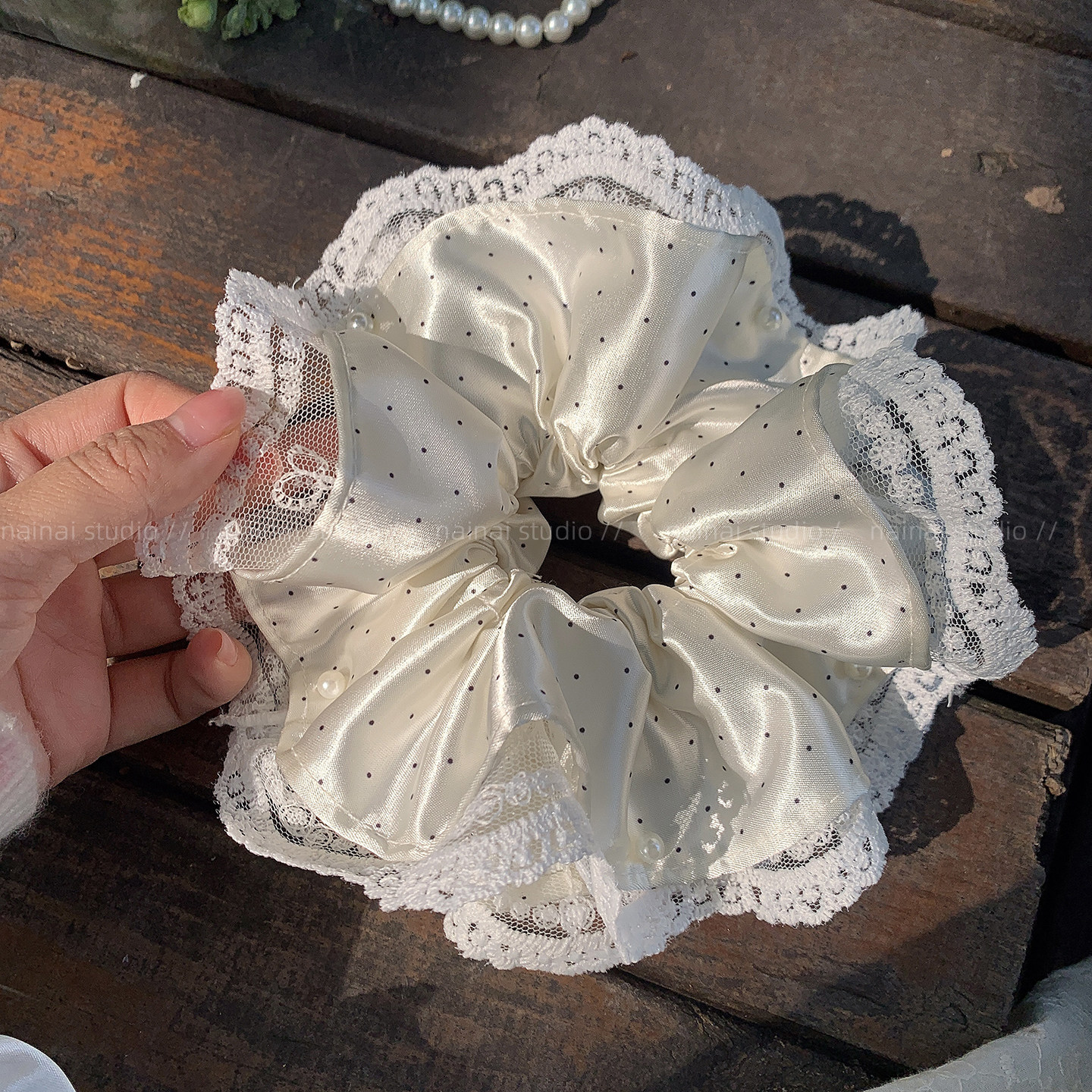 波点小蛮腰发圈~蕾丝花边超仙白色丸子头发绳马尾大号珍珠发饰女