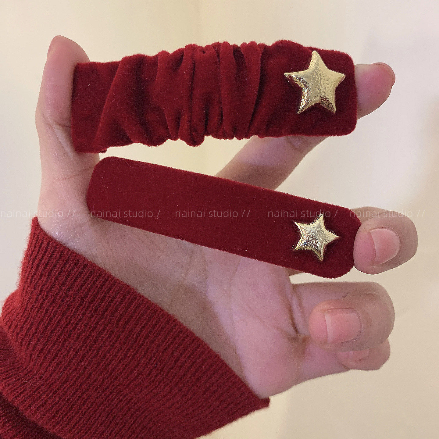 星星发夹~红色丝绒侧边夹新年五角星刘海夹发饰过年复古头饰女A